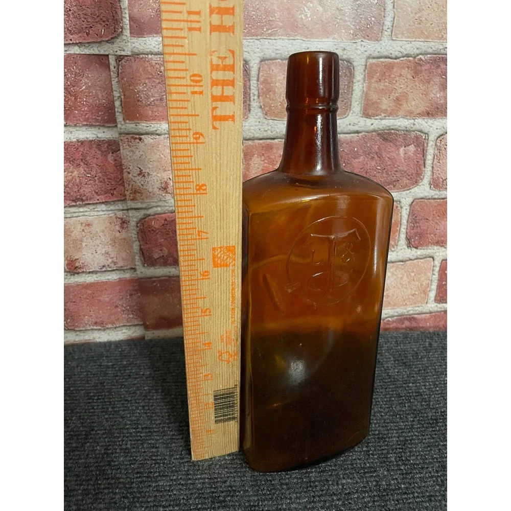 Antique Amber Glass Bottle Patented 1902 TS Monogram Embossed Apothecary Brown